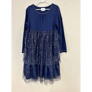 Hanna Andersson Navy Blue Gold Sparkles Tiered Dress Girls Sz 130 Girls 8 Tulle